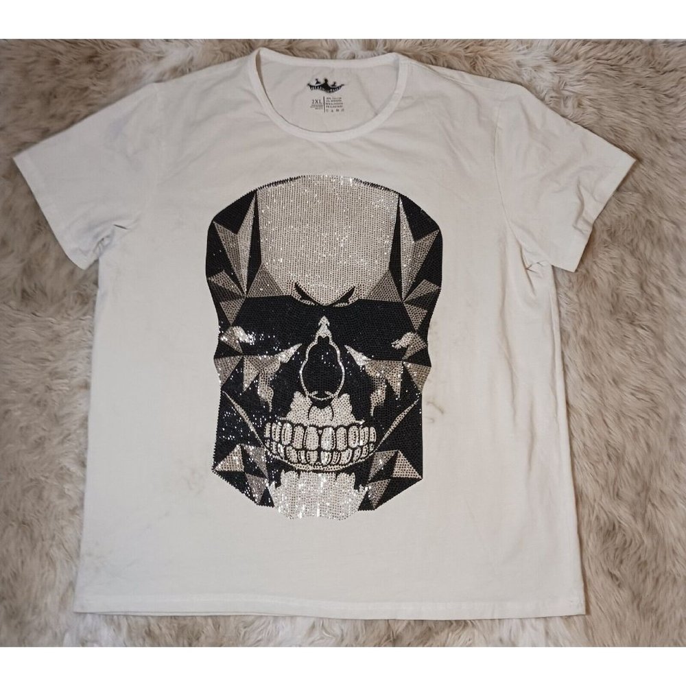 Heads Or Tails Mens 2XL Off  White Black & Grey Skull Rhinestone T-Shirt